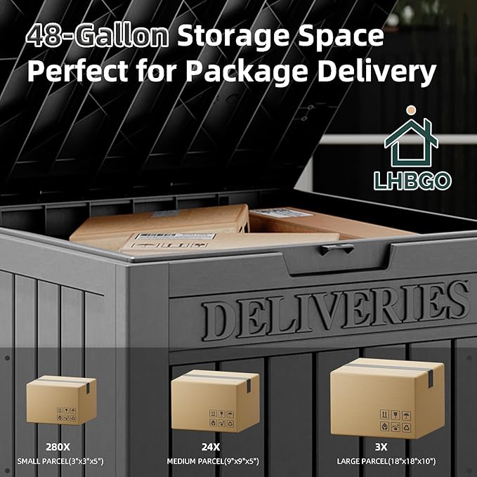 48 Gallon Outdoor Storage Box, Package Delivery Box for Outside with Lockable Secure, Resin Outside Storage Box Waterproof Deck Box for Patio & Pool, Black