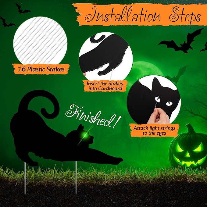 Blulu 9 Pcs Halloween Decorations Outdoor Black Cat Yard Signs with Stakes Scary Silhouette with Glow in The Dark Eyes Corrugated Plastic Waterproof Black Cat Decor for Garden Lawn Patio (Cats)