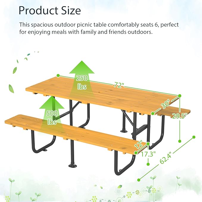 Outdoor Picnic Table with Benches, 6 - Person Picnic Table, Wooden Patio Dining Set, 1.97'' Umbrella Hole, Waterproof and Rounded Corners Design for Backyard, Garden, Park, Restaurant, Picnic, Yellow