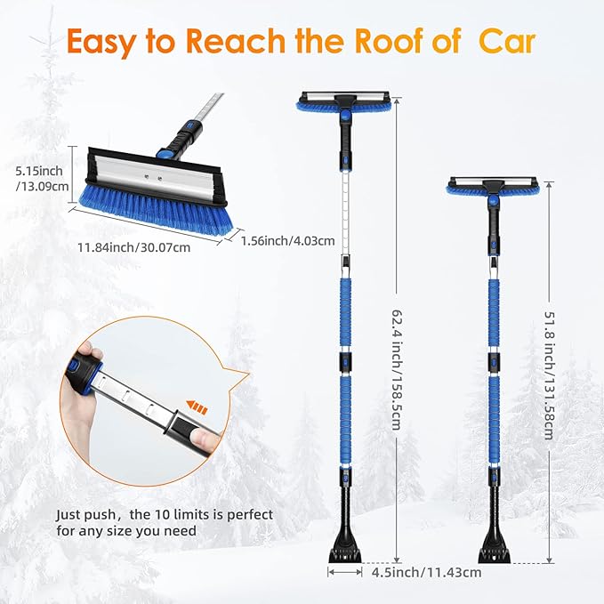 AstroAI 62.4" Ice Scrapers for Car Windshield, 3 in 1 Sturdy Snow Brush with Squeegee, 10 Adjustable Length Settings, Extendable Aluminum Handle, 180° Pivoting Snow Brush for Car, Truck, SUV(Blue)
