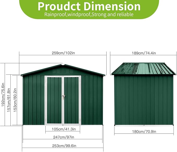8FT x 6FT Outdoor Metal Storage Shed with Apex Roof - Heavy Duty Steel Garden Shed with Hinged Door & Built-in Vents, Includes Free Padlock for Secure Tool & Equipment Storage (Easy Assembly)