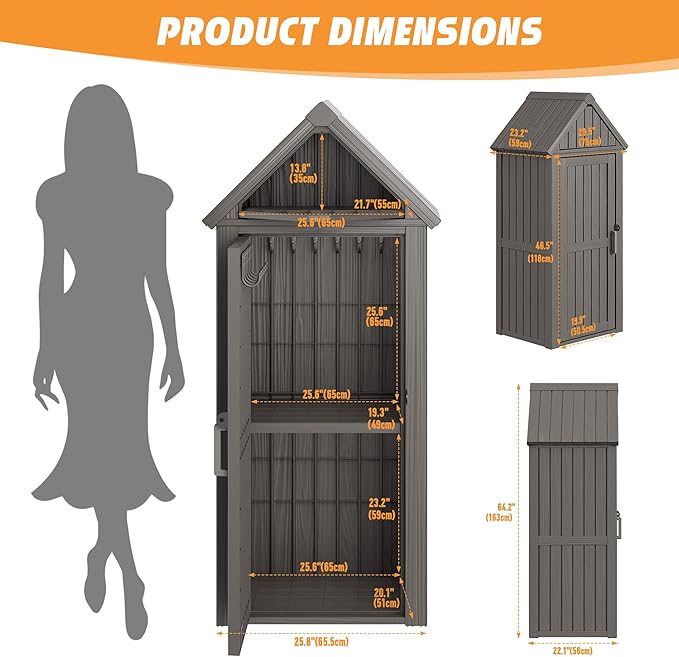 Shed Outdoor Storage Shed with Sloping Roof and Lockable Door, Resin Outdoor Storage Box Cabinet Waterproof and Multiple Hooks for Backyard, Patio, Poolside, Grey