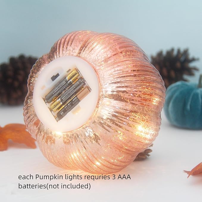 Mercury Glass Pumpkin Lights with Timer, Battery Operated Led Pumpkin Lights for Halloween Fall,Thanksgiving Rustic Decor (Rosegold Fine-Striped, 6")