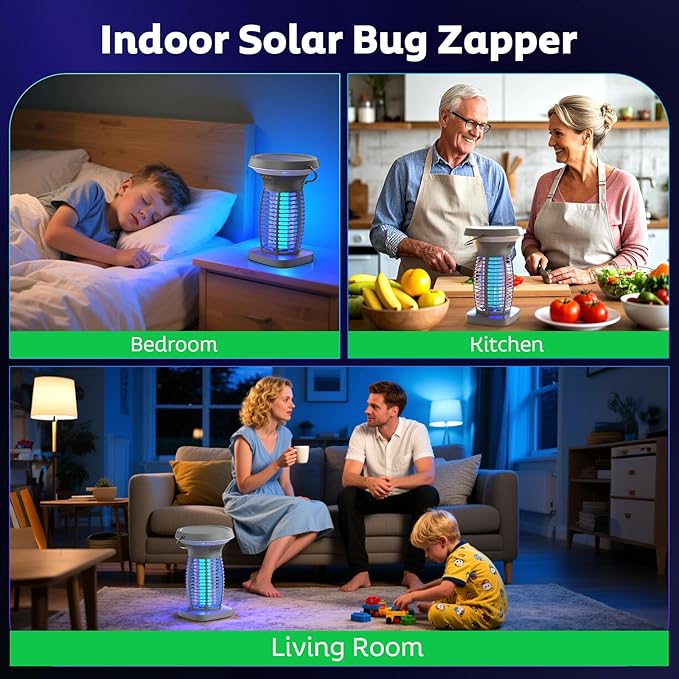 Solar Bug Zapper Outdoor, Mosquito Zapper Outdoor Waterproof Electric Fly Zapper Rechargeable Mosquito Killer with Solar Panel, 4200V Fly Trap Indoor for Home Backyard, Patio, Garden, Camping
