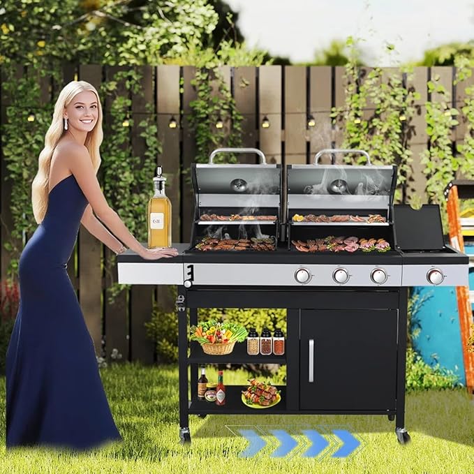 3-Burner Propane Gas and Charcoal Combo Grill with Side Burner - 37,230 BTU, Stainless Steel, Enameled Cast Iron Grates for Outdoor BBQ