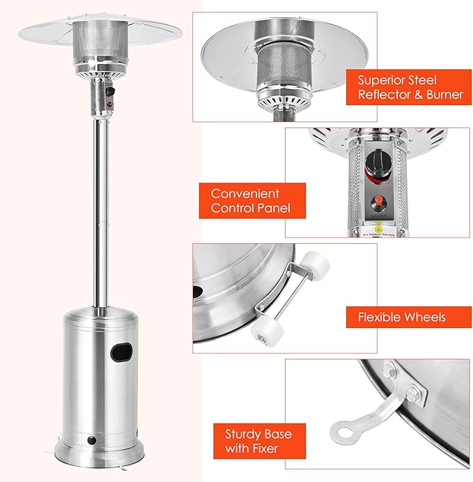 Giantex 48000 BTU Propane Outdoor Patio Heater With Wheels, Stainless Steel Heat Lamp, Trip-over Protection & CSA Certified for Commercial and Household Use (Silver)