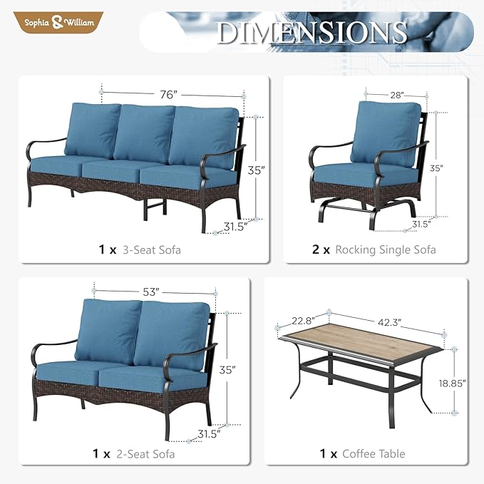 Sophia & William Patio Furniture Set, 5 Piece Metal Outdoor Conversation Set with 3-Seater Outdoor Couch, 2 Sofa Chairs, 1 Loveseat,1 Coffee Table for Outdoor Seating, Backyard, Porch(Navy)