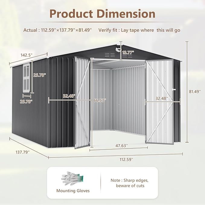 10x12 FT Outdoor Storage Shed, Metal Garden Shed - Tool Storage Sheds with Lockable Doors & 1 Clear Window, Waterproof Outside Storage Building for Backyard, Patio (Black; Floor Not Included)