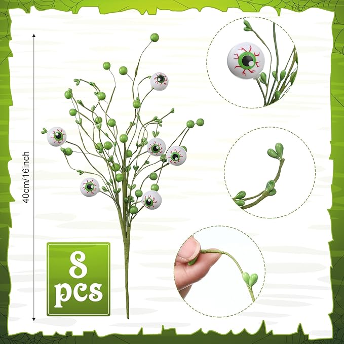 8 Pack Halloween Eyeball Picks Artificial Berry Stems Hlalloween Flowers with Fluorescent Eyeball Branches for Vase Filler, Table Centerpieces & Party Decor