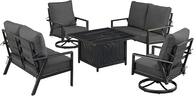 Oakland Living Black Aluminum Patio Fire Table Set with Two Deep Seating Loveseat with Cushions and Two Club Chairs with Black Cushions