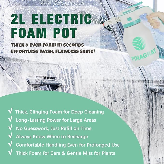 2L/0.5Gallon Electric Foam Sprayer - Rechargeable Car Foam Sprayer with 2 Nozzles, Type-C Charging, 1hour Runtime for Car Wash, Gardening & Home Cleaning