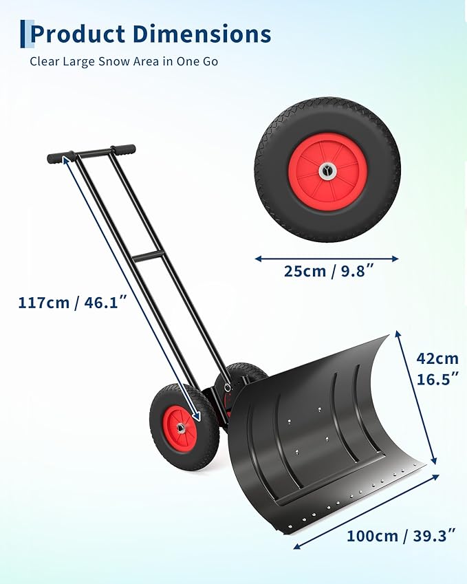 Large 40" W X 18" H Snow Shovel Pusher for Driveway, Metal Snow Pusher with Wheels, Ergonomic Snow Pusher Shovel with Snow Removal Adjustable Angle & Height Handle for Driveway, Double Rod