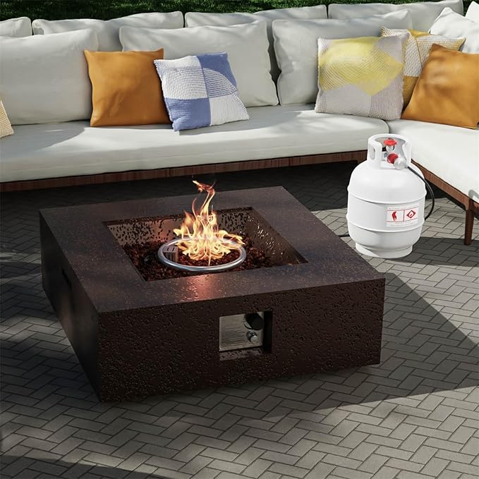 SUNBURY Outdoor Fire Pit, 35" Square Propane Gas Patio Fire Table 50,000 BTU Concrete Travertine Design, CSA Certified, Low Firepit Table with Lava Rocks, Waterproof Cover (Dark Brown)