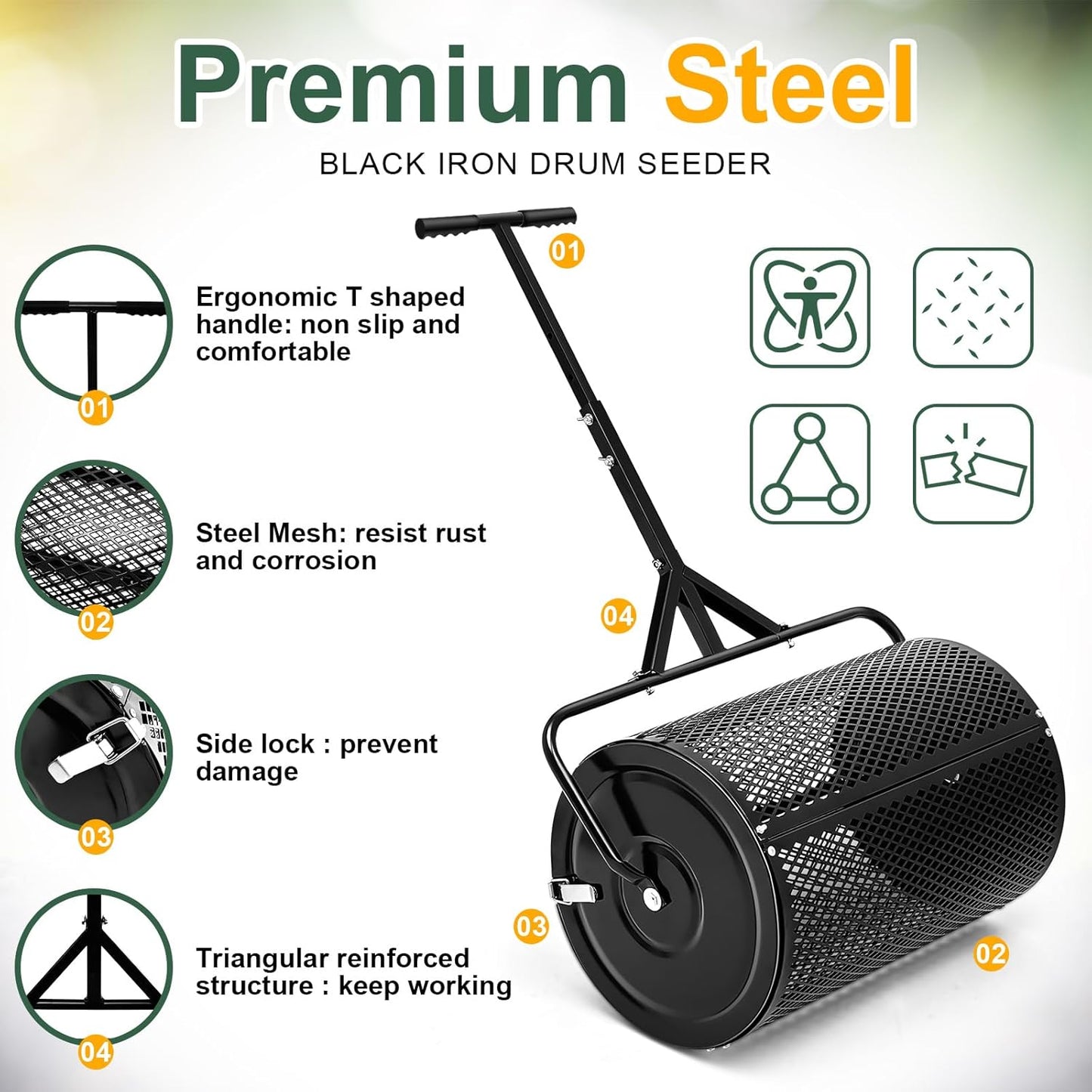 Hiboom 36 Inch Compost Spreader, Peat Moss Spreader, Manure Roller with Adjustable T Shaped Handle, Lightweight Metal Mesh for Lawn Garden Spreading Manure Topsoil (Black)