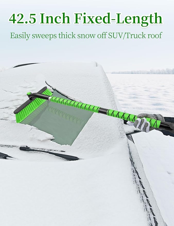 HEEYA 42.5 Inch Car Scraper Snow Brush, 12.6 Inch Large Brush Head with Ice Scraper for Window Windshield, Portable Snow Scraper for SUV Truck Vehicle Jeep RV Auto - Green