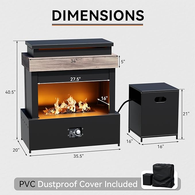 35'' Outdoor Propane Fireplace with Tank Storage, 50,000 BTU Outdoor Gas Fire Pit with CSA Certified, Dust Cover, Smokeless Ceramic Wood, Adjustable Flame for Patio, Garden, Deck, Gray/Tan