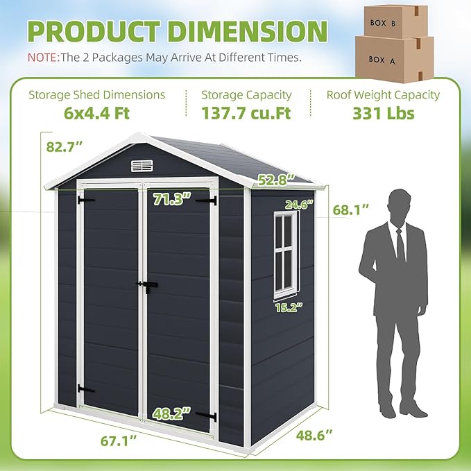 Outdoor Storage Shed 6x4.4FT, Resin Shed Plastic with Floor for Garden Tool,Waterproof Outdoor Resin Storage,Lockable Doors for Patio,Yard,Lawn (Darkgray 6x4)