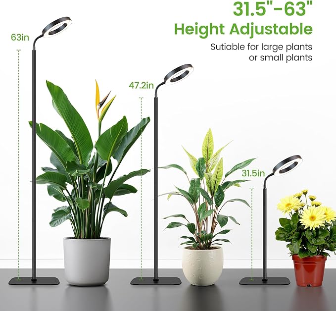 Grow Lights for Indoor Plants,Floor Lamp with 63IN Stand,Full Spectrum,10 Dimming,Halo Ring Warm Light, 3/9/12H Timer,Height Adjustable,Metal Stable Base Growing Light for Tall Small Plant