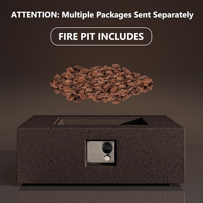 COSIEST Outdoor Propane Fire Pit Coffee Table w Square Faux Stone 35-inch Base, 50,000 BTU Stainless Steel Burner, Free Lava Rocks and Rain Cover, Brown