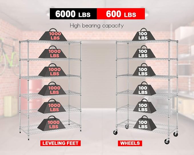 FDW 48 inch L×18 inch W×76 inch H Wire Shelving Unit Metal Shelf with 6 Tier Casters Adjustable Layer Rack Strong Steel for Restaurant Garage Pantry Kitchen Garage, Chrome