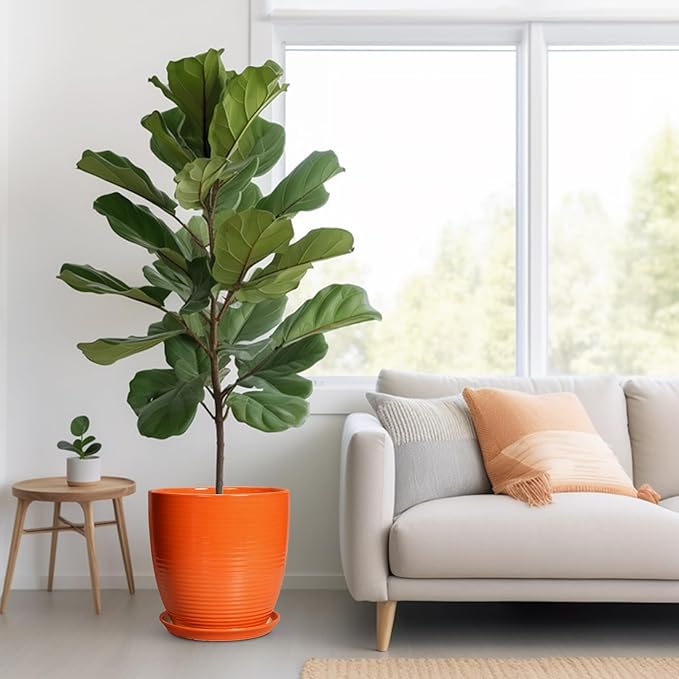 12 Inch Pots for Plants - Ceramic Plant Pots with Drainage Hole and Saucer, Modern Planter for Indoor Outdoor, Round Flower Planters, Porch Home Garden Decor, Gifts for Women, Orange