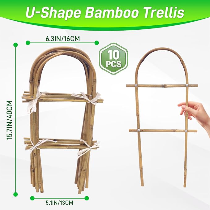 10 Pack 15.7“ U-Shape Bamboo Trellis for Climbing Plants, Natural Garden Trellis for Tomatoes, Cucumbers, Potted Plants, Vegetables Indoor Outdoor
