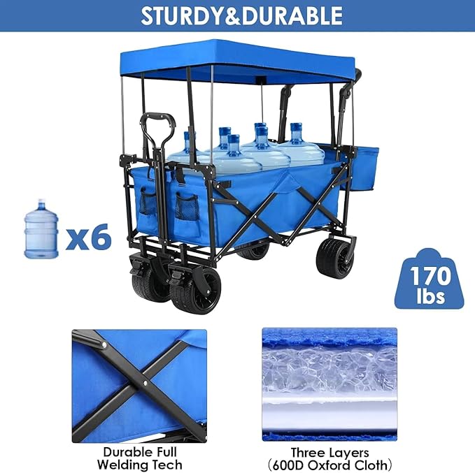 AthLike Extra Large Collapsible Wagon w/Removable Canopy, 250lbs/262L Capacity Foldable Garden Cart w/Rear Storage, Heavy Duty Push&Pull Utility Camping Beach Stroller w/Big Wheel&Adjustable Handles