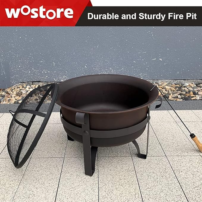 Wostore Wood Burning Fire Pits for Outside 23.5 Inch Portable Bronze Cauldron Camping Bonfire Patio Backyard Fireplace with Spark Screen and Poker
