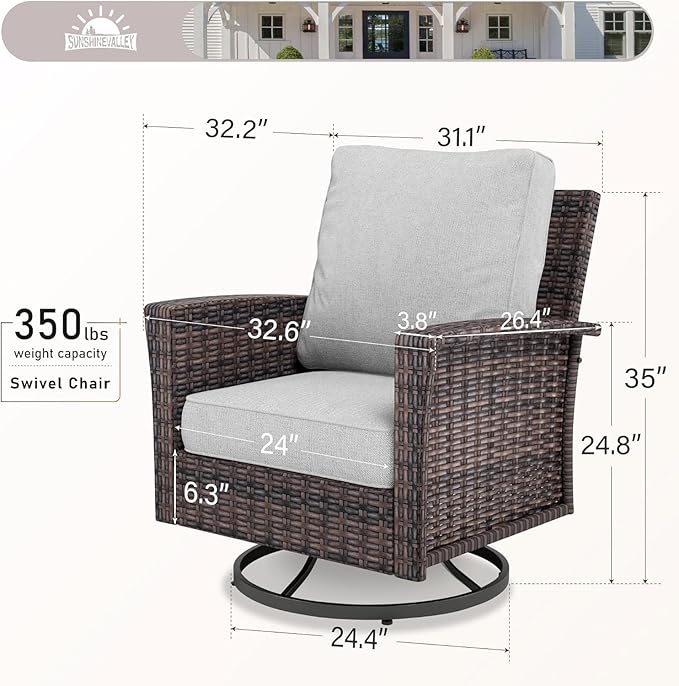 Patio Furniture Set of 2, Rattan Wicker Swivel Chairs with 5.5" Thick Cushions and 35" High Back, Oversized Outside Chairs for Balcony Porch Deck, Grey