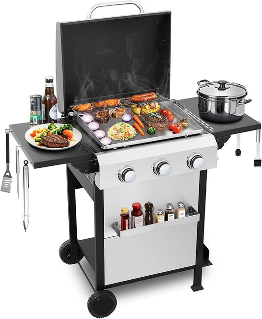 3-Burner Flat Top Propane Gas Grill Stainless Steel Griddle Combo with Foldable Side Table, 36,900 BTU Outdoor BBQ Grill, Porcelain-Enameled Cast Iron Grids, for Backyard, Patio Cooking