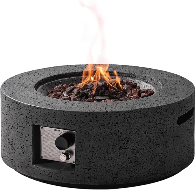 SUNBURY Outdoor Fire Pit, 28" Round Propane Gas Patio Fire Table 40,000 BTU Concrete Travertine Design, CSA Certified, Circular Base Small Firepit with Lava Rocks, Waterproof Cover (Grey)