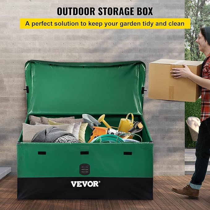 VEVOR Outdoor Storage Box, 100 Gallon Waterproof PE Tarpaulin Deck Box w/Galvanized Frame, All-Weather Protection & Portable, for Camping, Garden, Poolside, and Yard, Black & Green