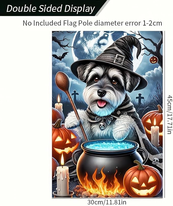 Halloween Garden Flag Double Sided 12x18 Flag Halloween Schnauzer Garden Flag Witch Pumpkin Cute Schnauzer Dog Cauldron Pumpkins Holiday Patio Wall Lawn Mail Outdoor Home Decor Banner