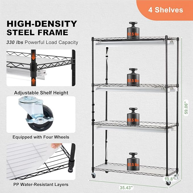 VEVOR Plant Stand with Grow Light, Grow Light Shelf with Cover and Thermometer, 4 Tiers 180W Plant Shelf with Grow Light, Full Spectrum Light Mini Greenhouse Plant Stand with Timer for Seed Starting