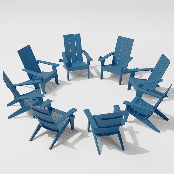 MXIMU Modern Adirondack Chairs Set of 8 Weather Resistant with Cup Holder Oversize Plastic Fire Pit Chairs Plastic Outdoor Chairs for Firepit Area Seating (Navy)