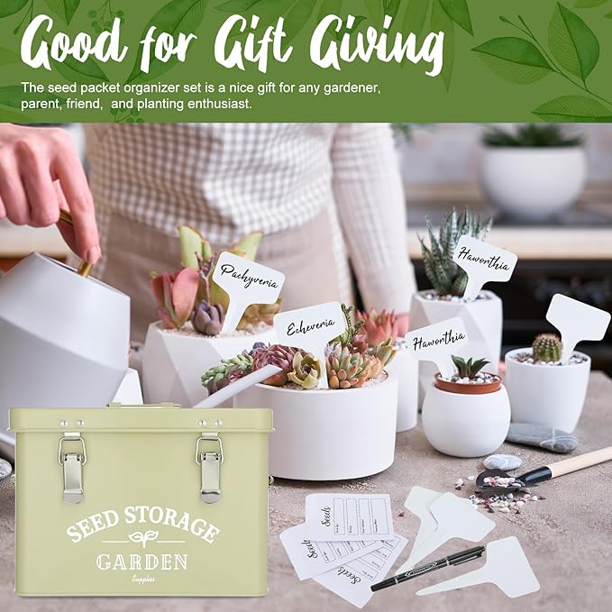 Maitys Seed Storage Container Box with Lid Garden Seed Packet Storage Organizer Decorative with Dividers and 100 Plant Labels 50 Seeding Envelopes 2 Marker Pens(Classic,8.7 x 5.9 x 6.3)