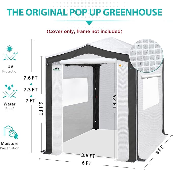 EAGLE PEAK Replacement Cover for 8x6 Pop up Greenhouse with Polyester Reinforced Corners, Front and Rear Roll-Up Zipper Entry Doors and 2 Roll-Up Side Windows (Frame Not Included), Gray/White