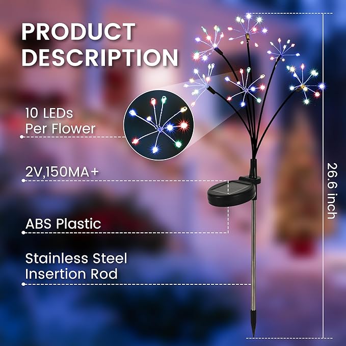 Solar Christmas Lights Outdoor, Solar Garden Decor, Outdoor Christmas Decorations, Gardening Supplies, Solar Powered Lights Waterproof for Yard Patio, Fairy Decor Firwork(2 Pack Multi-Colored)