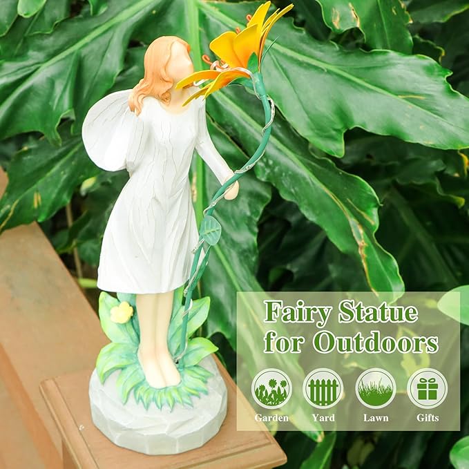 Fairy Garden Statue Outdoor Decor, Solar Powered Garden Sculptures Fairy Resin Statues Waterproof Yellow Flower Solar LED Lights Yard Art Decorations for Outside Patio Lawn Decor