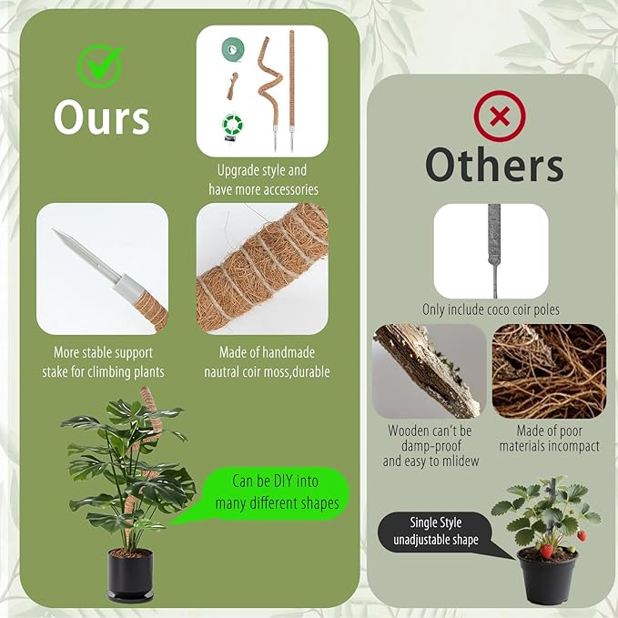 3 Pack Moss Pole, 48 Inch Monstera Plant Support, Moss Poles for Climbing Indoor Plants, Bendable Coco Coir Plant Support Stakes for Potted Plants, Pothos, Philodendron
