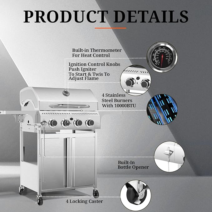 R.W. FLAME Propane Gas Grill Barbecue Grill, 4 Wheels, 4 Burner Cart Style Liquid BBQ Grill, Metal Cooking Grill