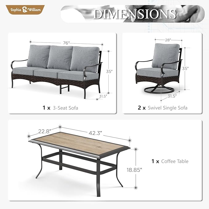 Sophia & William Patio Furniture Set, 4 Piece Metal Outdoor Conversation Set with 3-Seater Outdoor Couch, 2 Swivel Chairs, 1 Coffee Table for Outdoor Seating, Backyard, Porch(Grey)