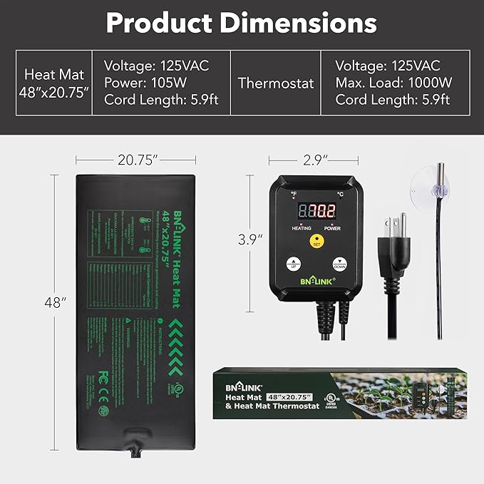 BN-LINK Seedling Heat Mat Heating Pad 48" x 20.75" with Digital Thermostat Controller Combo Set Waterproof for Indoor Seed Starting and Plant Germination