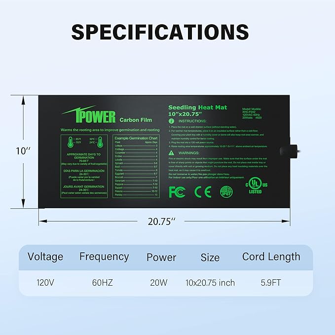 iPower GLHTMTPROSX2 10" x 20.75" Seedling Heat Mat 2-Pack Upgraded Carbon Film Durable Waterproof Indoor Warm Hydroponic Plant Germination Starting Pad, Black