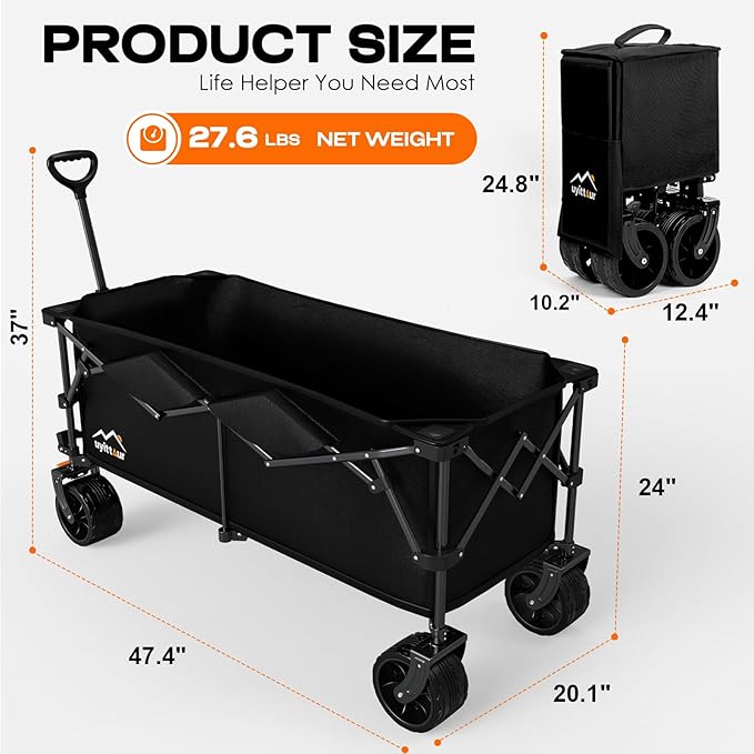 300L Extra Large Collapsible Foldable Wagon, 440lbs Load Capacity 48''L Extended Heavy Duty Folding Beach Wagon with Big All-Terrain Wheels, Utility Garden Cart for Outdoor Activities, Black