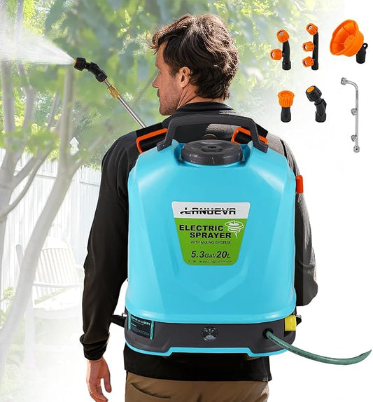 LANUEVA 5.28 Gal/20L Battery Powered Sprayer with Mixing System, 78-101 PSI Adjustable Electric Backpack Sprayer with Six Mist Nozzles&Telescopic Wand, Weed Sprayer for Lawn Garden Home Cleaning