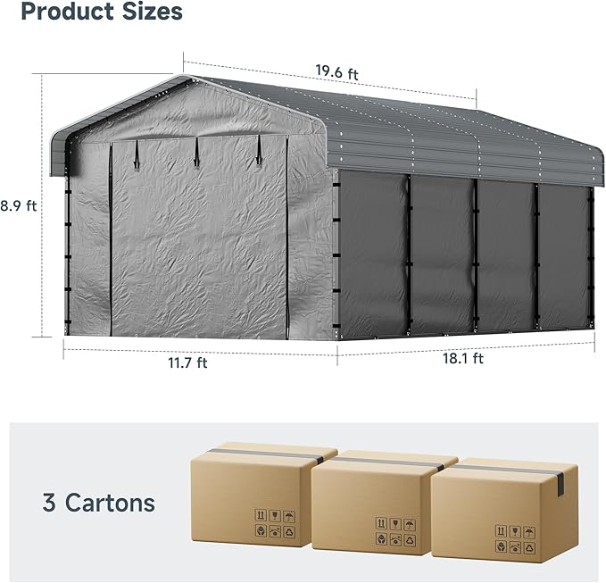 12x20FT Metal Carport Kits with Galvanized Steel Roof, Heavy Duty Metal Frame Carports Canopy with Removable Sidewalls, Garage Car Tent Shelter for Tractors, Boat, Car, Gray