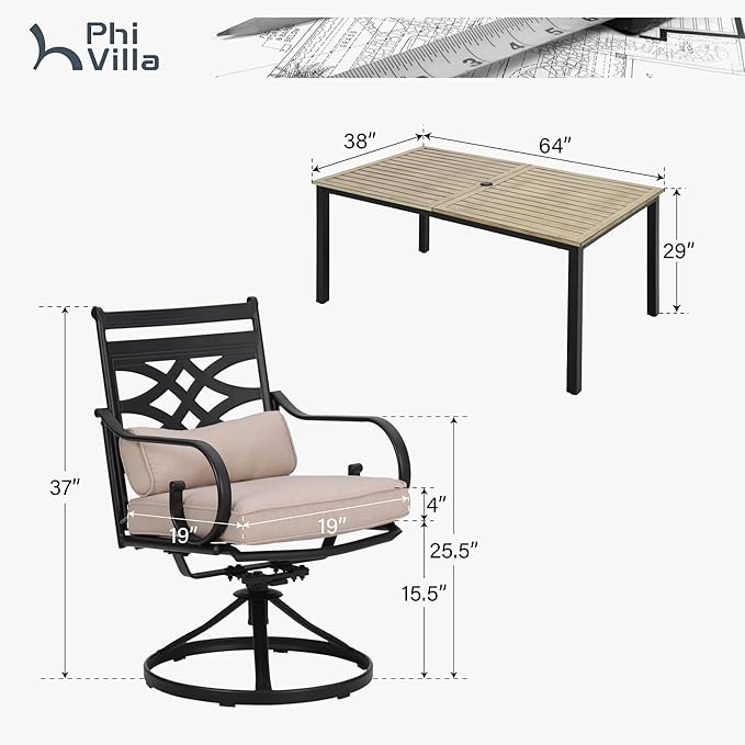 PHI VILLA 7 Pcs Patio Dining Set,Outdoor Table Chair Set for 6 with Outdoor Chairs and Metal Frame Steel Rectangular Table,Outdoor Dining Furniture with Cushion and Pillow for Garden Lawn Deck