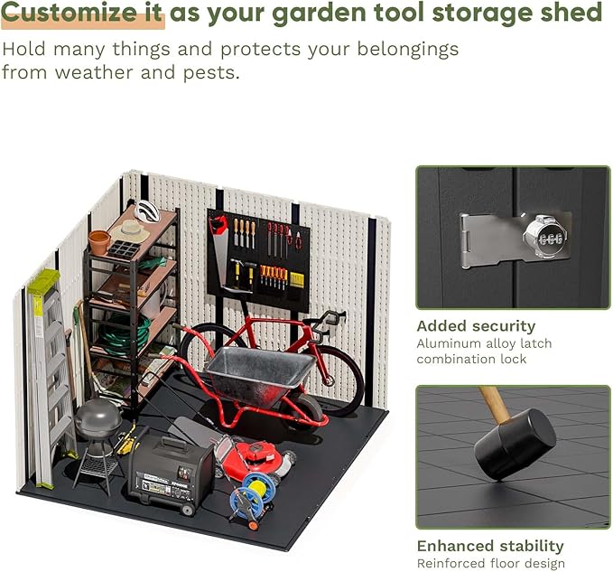 Patiowell 8x8 FT Outdoor Storage Shed, Plastic Shed Resin Garden Tool Shed with Floor & Window & Lockable Door for Patio Furniture, Backyard Tools, Bicycles & Lawnmower, Beige