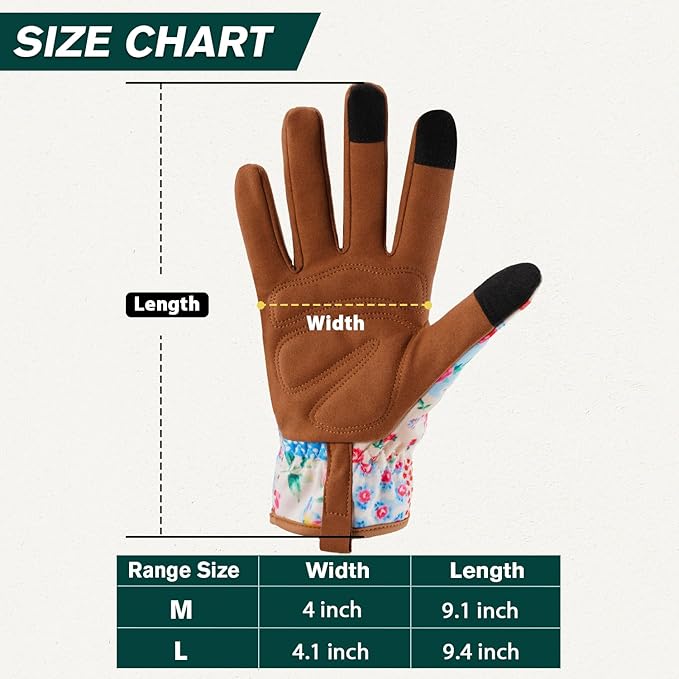 Gardening Gloves for Women, Printed Touchscreen Garden Gloves with Grip, Thorn-Proof Puncture-Resistant Work Gloves